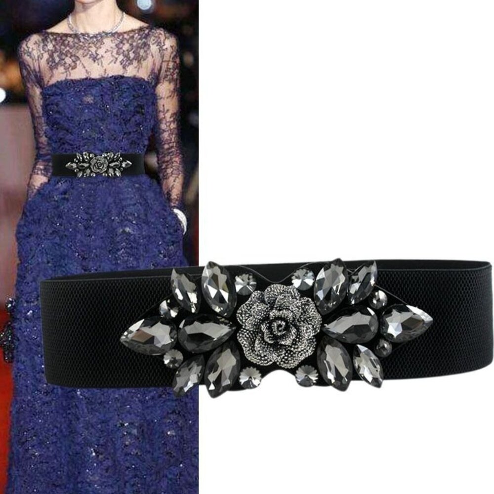 Black Elastic Waist Belt with Gunmetal Crystal Rose Accent